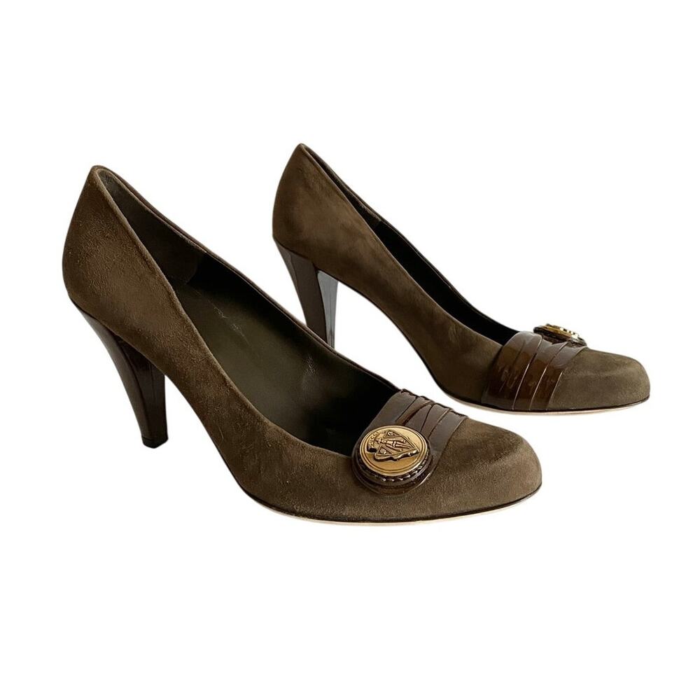 Gucci Hysteria Medallion Suede Patent Leather Pumps Brown 10 B Italy